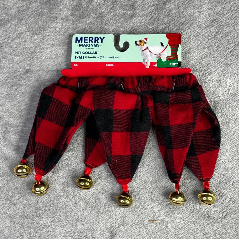 Jingle Bell Pet Collar Christmas Unisex‎ S/M Red Buffalo Check Jester Holiday